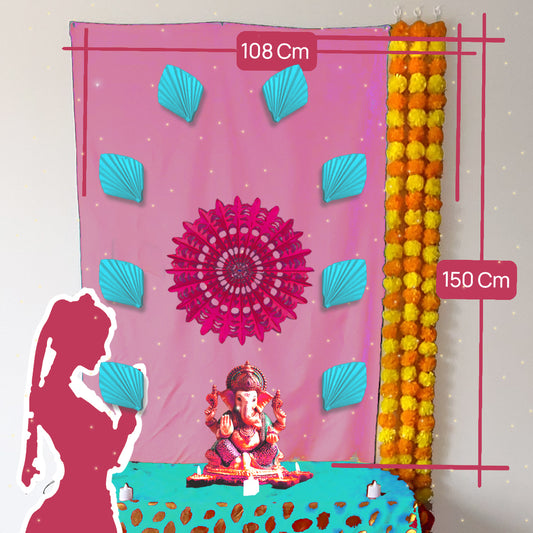 Pastel Pink Dcoration for Ganesh Chaturthi, 108x150 cm with sun charkra