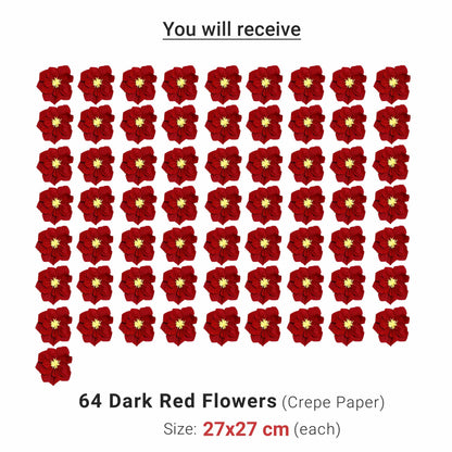Ganesh Chaturthi Decoration Set, 216x216 cm, 64 Crepe Paper Flowers (27x27 cm), Brocade Table Cloth (150x100cm) (Red))