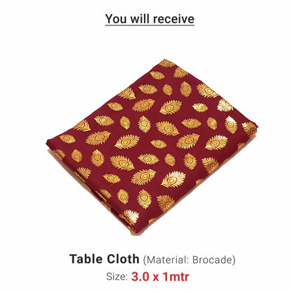 Ganesh Chaturthi Decoration Set, 216x216 cm, 64 Crepe Paper Flowers (27x27 cm), Brocade Table Cloth (150x100cm) (Red))