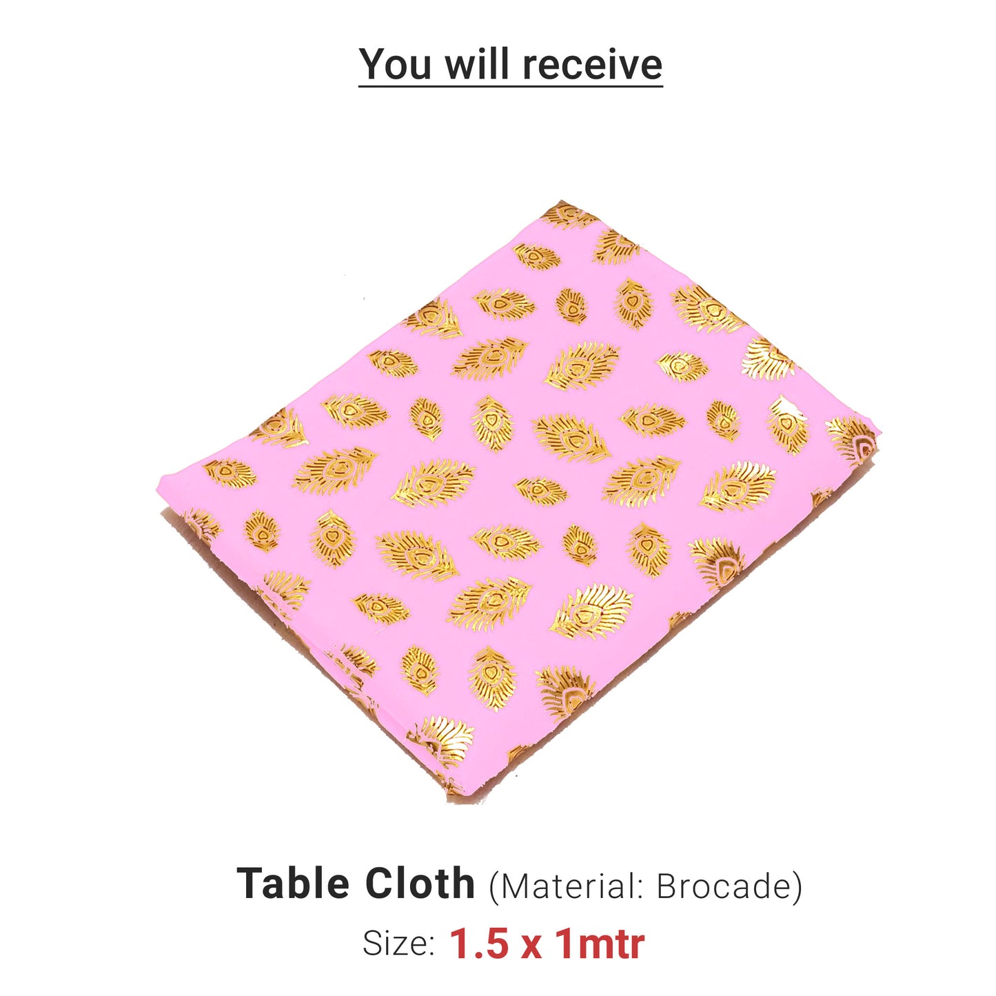 Ganesh Chaturthi Decoration Set, 108x108 cm, 16 Crepe Paper Flowers (27x27 cm), Brocade Table Cloth (150x100cm) (Pastel Pink)