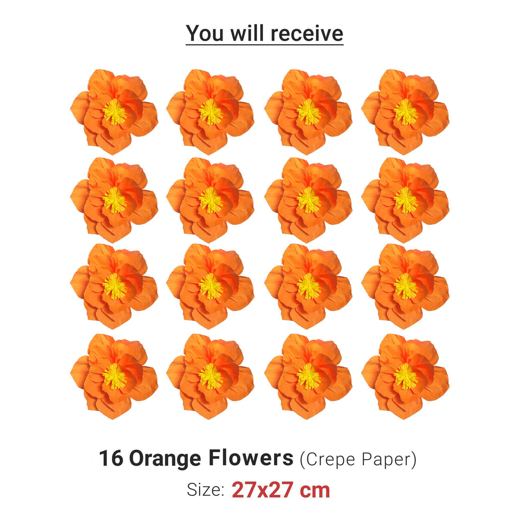 Ganesh Chaturthi Decoration Set, 108x108 cm, 16 Crepe Paper Flowers (27x27 cm), Brocade Table Cloth (150x100cm) (Orange)