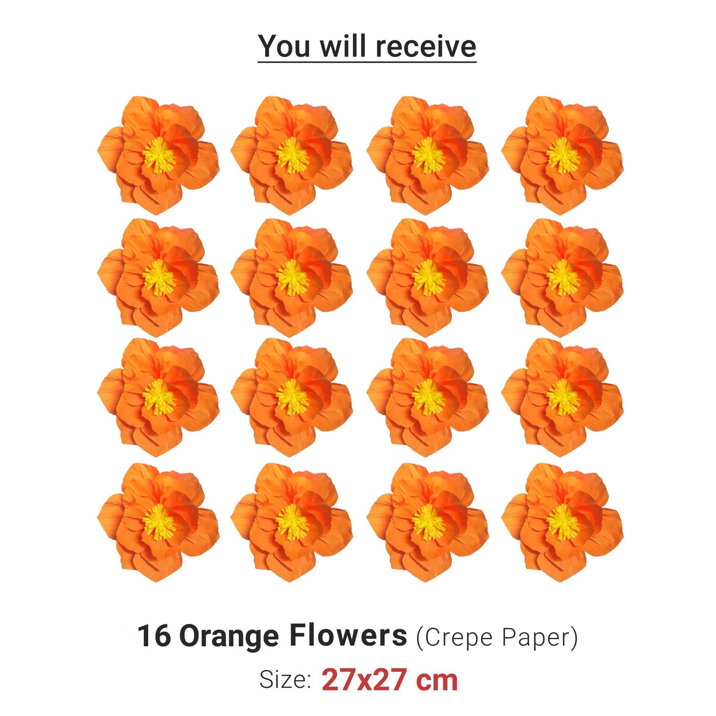 Ganesh Chaturthi Decoration Set, 108x108 cm, 16 Crepe Paper Flowers (27x27 cm), Brocade Table Cloth (150x100cm) (Orange)