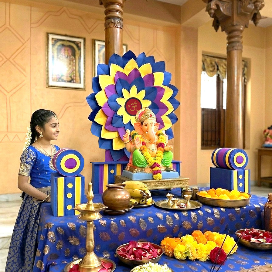 Blue Singhasan Decoration Set for Ganesh Chaturthi | Self Assemble Decoration Set | 200cm x150cm size