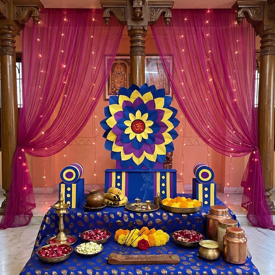 Blue Singhasan Decoration Set for Ganesh Chaturthi | Self Assemble Decoration Set | 200cm x150cm size