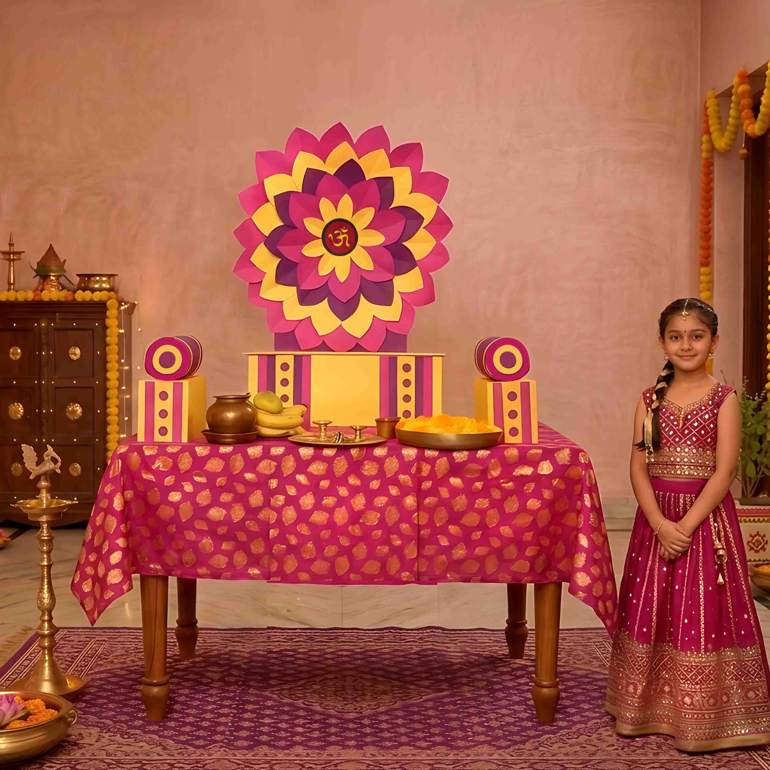 Pink Singhasan Decoration for Ganesh Chaturthi | Self Assemble Decoration Set | 200cm x150cm size
