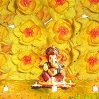 Ganesh Chaturthi Decoration Set, 216x216 cm, 64 Crepe Paper Flowers (27x27 cm), Brocade Table Cloth (150x100cm) (Yellow))