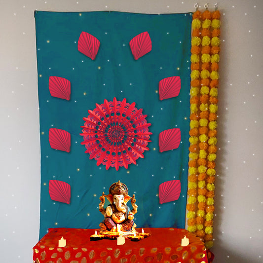 Viridian Sun Rise Dcoration for Ganesh Chaturthi, 108x150 cm size with Peach Sun Charkra