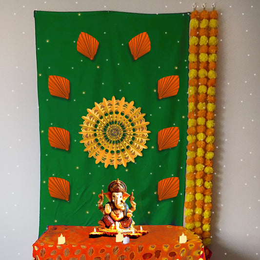 Green Sun Rise Dcoration for Ganesh Chaturthi, 108x150 cm size with Yellow Sun Charkra