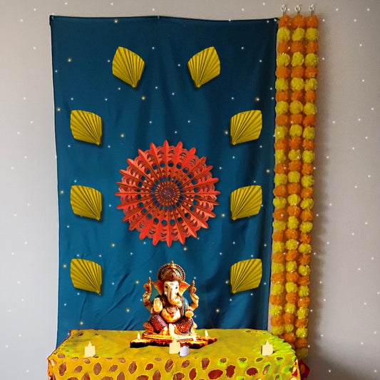 Royal Blue Sun Rise Dcoration for Ganesh Chaturthi, 108x150 cm size with Orange Sun Charkra